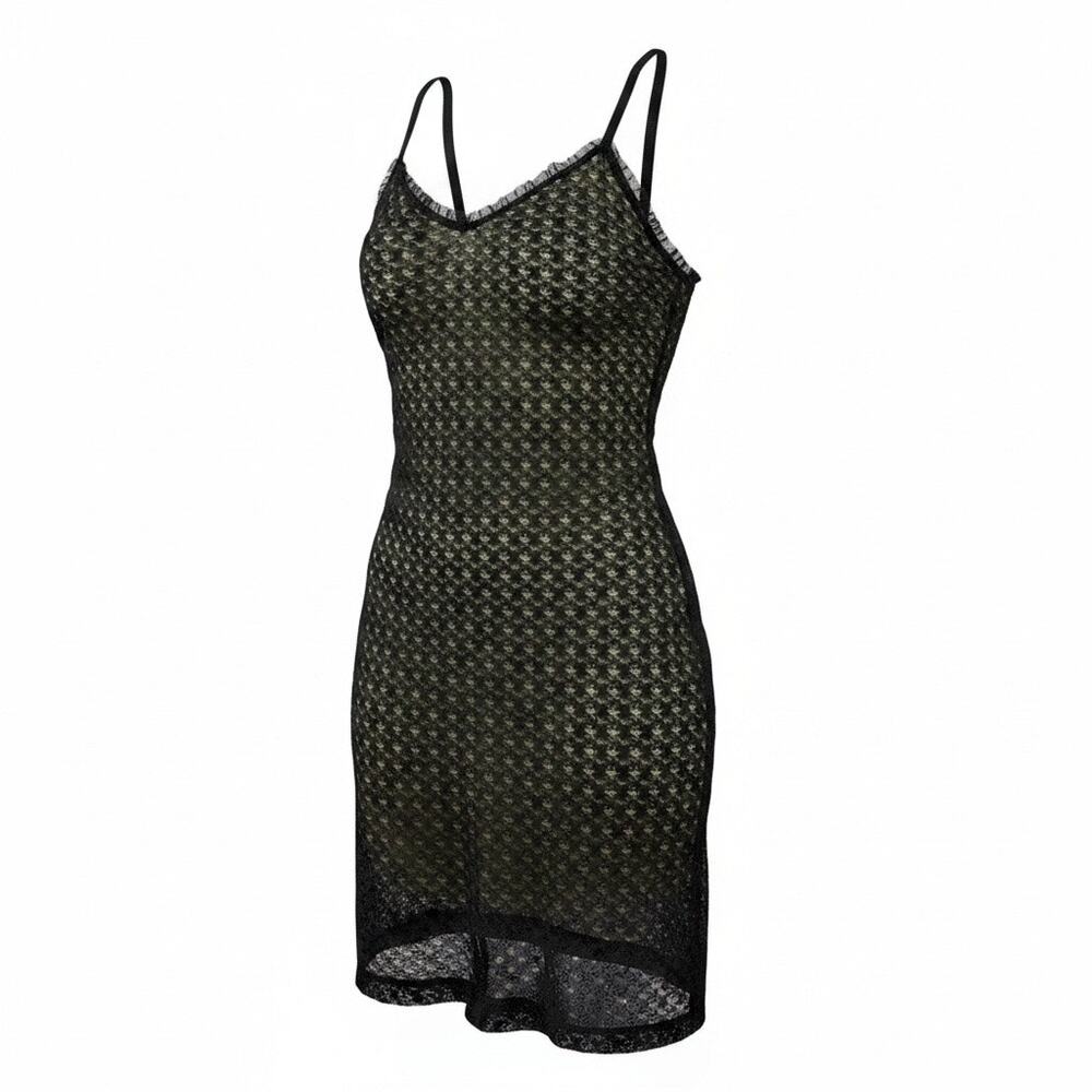 Vintage Dress Exotica USA Green Black Lace Overlay Bodycon Mini Y2K Size S